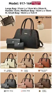 Detailed size chart for the three-piece striped handbag set including specific dimensions