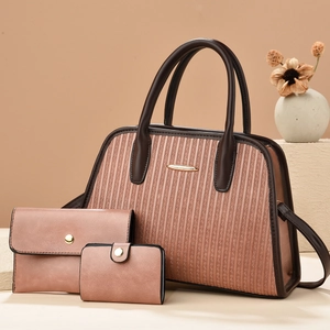 Three-piece women bag set with tote, wallet and card holder in pink striped pattern