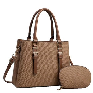 Brown canvas texture tote bag and matching pouch set with golden hardware details