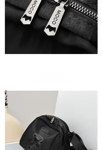 Détail de la fermeture MOCO et de l'ours à paillettes sur le sac en nylon noir