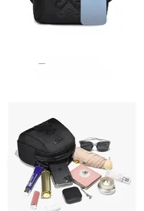 Vue détaillée de la capacité du sac bandoulière en nylon noir avec broderie et sangle