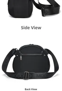 Détails du sac demi-lune en nylon noir avec poche zippée et bandoulière tissée MOCO