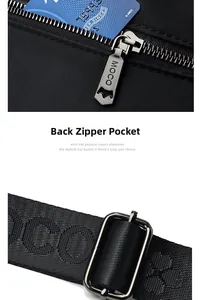 Détail du sac Oxford noir avec poche arrière zippée sécurisée et large sangle de marque