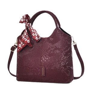 Chic burgundy snakeskin texture handbag with fashion metal logo and heart scarf