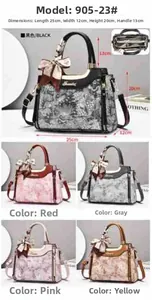 Vue détaillée de sacs à main à motifs en cinq couleurs avec fermeture éclair et nœud