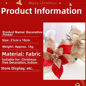 Detail of glittery fabric Christmas flowers measuring 21x18cm for holiday tree decoration