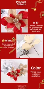 Close-up of glittery fabric poinsettia with adjustable wire stem for Christmas trees