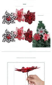 Detailed view of 14cm plaid fabric Christmas flowers with berries and size dimensions