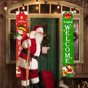 Vue détaillée des bannières de Noël festives avec textes Merry Christmas et Welcome.
