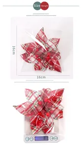 Detailed view of a 16cm red plaid Christmas poinsettia flower with berries and size measurement