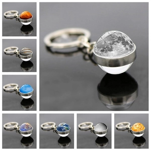 Zonnestelsel Planeet Dubbelzijdige Glazen Bol Sleutelhanger Zinklegering Universum Melkweg Hanger Voor Reissouvenir Cadeau