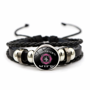Handmade leather firefighter wife braided bracelet with glass dome charm and beads