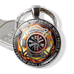 Silver Firefighter Mom keychain with Maltese Cross glass pendant and metal ring