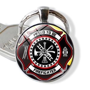 Silver firefighter keychain featuring Proud To Be Firefighter glass dome pendant