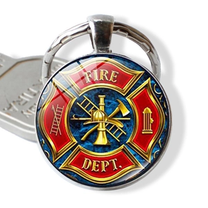 Silver Fire Dept keychain with red medal logo and glass dome charm for firefighters