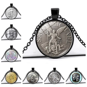 Collier Pendentif Religieux Archange Saint Michel Protégez-nous Vintage Alliage De Zinc Verre Cabochon Bijoux De Protection Pour Hommes Femmes