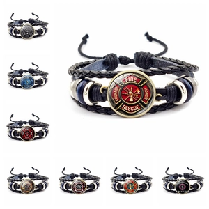 Firefighter Theme Multi Layer Woven Leather Bracelet Alloy Glass Cabochon Fire Dept Badge Jewelry For Men Women