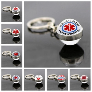 Medical Alert Keychain Diabetes Type 1 Type 2 Diabetic Alert Dog Emergency ID Zinc Alloy Glass Ball Keychain For Patients