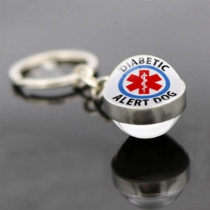 Close-up of diabetic alert dog medical keychain with glass dome and emergency logo