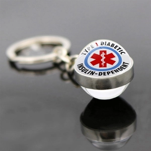 Type 1 Diabetic medical alert keychain with Star of Life symbol and glass ball pendant
