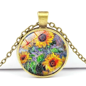 Collier vintage en bronze avec pendentif tournesol et cabochon en verre style peinture