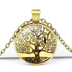 Pendentif vintage en bronze avec motif Arbre de Vie de Klimt sous dôme en verre