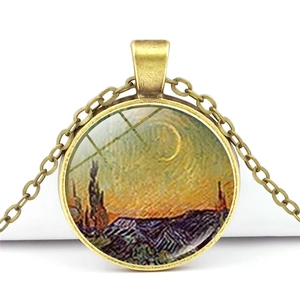 Collier rétro en bronze avec pendentif artistique Nuit Étoilée et dôme en verre