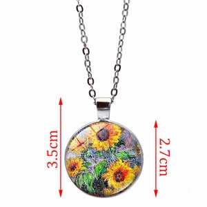 Sunflower glass cabochon pendant necklace with dimensions 3.5cm by 2.7cm on white background