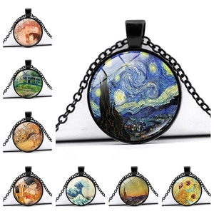 Round Pendant Necklace Glass Cabochon Famous Oil Painting Art Vintage Zinc Alloy Black Chain Accessory For Unisex