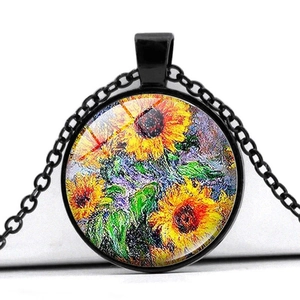Artistic round pendant necklace featuring sunflower oil painting in a black metal frame