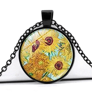 Detail of round Van Gogh Sunflowers art pendant with black frame and glass dome