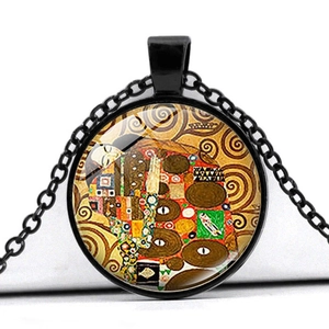 Artistic round pendant necklace featuring Klimt painting with black metal frame and chain