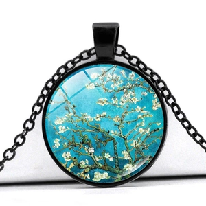 Vintage Van Gogh Almond Blossom glass dome pendant with a black metal chain necklace