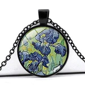 Close-up of vintage black round pendant necklace featuring Van Gogh Irises art print