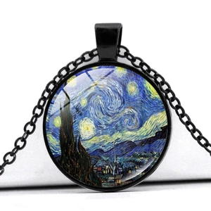 Detailed view of Van Gogh Starry Night glass gem pendant with black metal chain necklace