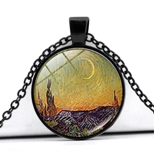 Macro shot of Van Gogh Starry Night glass dome pendant with black metal frame