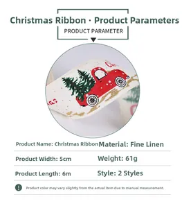 Detail of 6M Christmas linen ribbon featuring red truck and tree prints for decoration