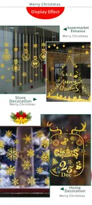 Golden glitter Christmas stickers showing snowflakes and reindeer on glass windows
