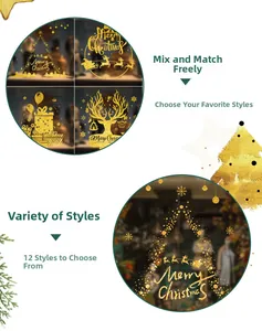 Detailed view of 12 glitter gold Christmas stickers featuring reindeer and tree designs