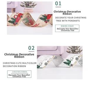 Detail of Christmas ribbons with festive truck and tree prints on burlap and white fabric