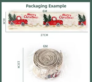 Detail of 6m Christmas ribbon showing truck tree print in flat and roll packaging