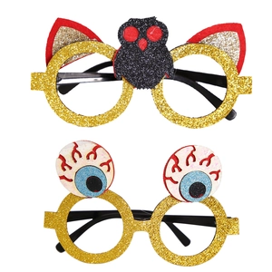 Glittery Halloween party glasses set with owl motifs and bloodshot eyeball decorations