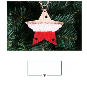 Close-up of wooden star ornament with plush texture and Merry Christmas lettering