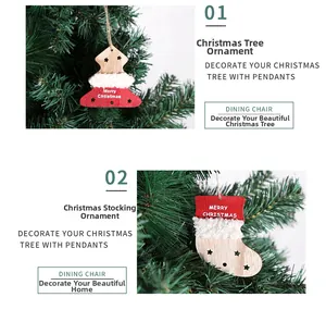Detail of wooden Christmas tree and sock pendants with white plush and Merry Christmas text