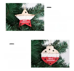 Detail of star and heart wooden Christmas ornaments with white plush texture and merry greeting