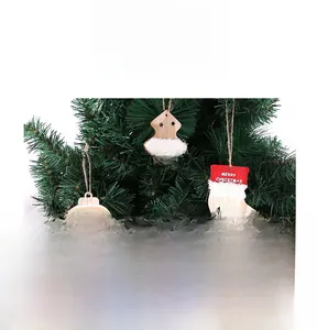 Detail of wooden Christmas ornaments with plush decor and reverse view of the pendant