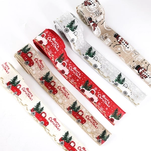 Christmas Ribbon Faux Burlap Red Truck Snowman Printed For Tree Decoration DIY Gift Wrapping Festive Party Ornament
