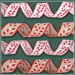 Detailed view of red candy cane patterns on satin and faux burlap Christmas ribbons