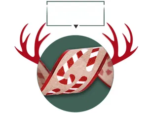 Close-up of burlap Christmas ribbon with red candy cane print and glitter finish