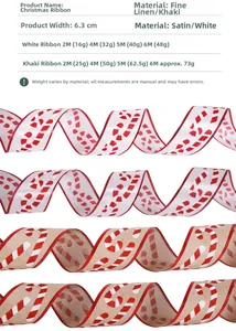 Close-up of 6.3cm Christmas ribbons with red glitter candy canes on satin and linen fabric